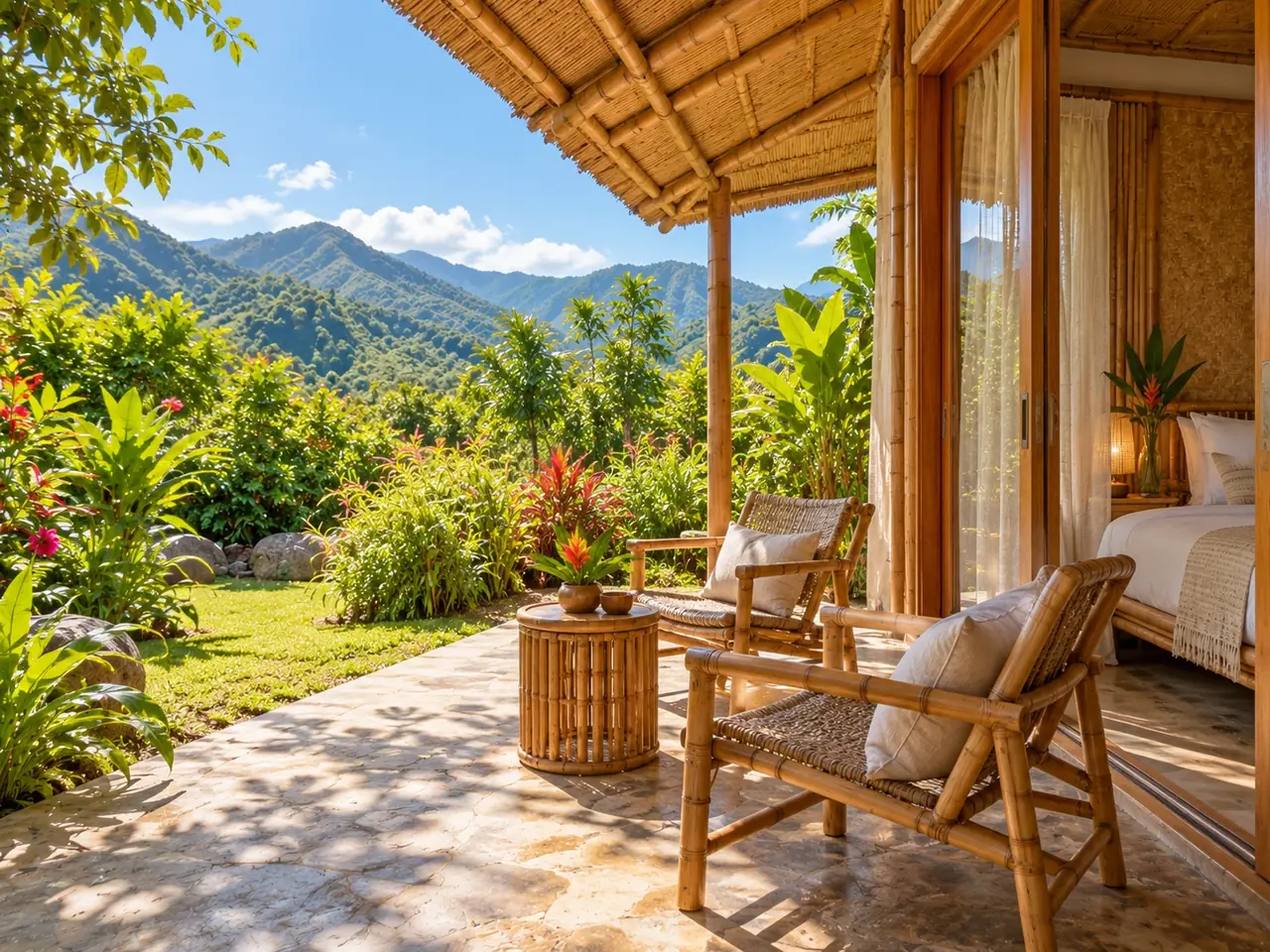 Garden patio with a view of the mountains
