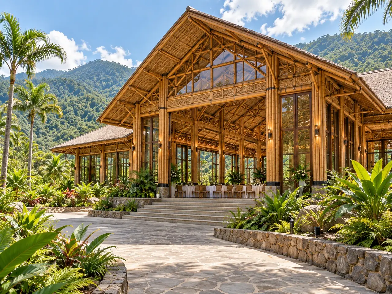The bamboo main building among the gardens